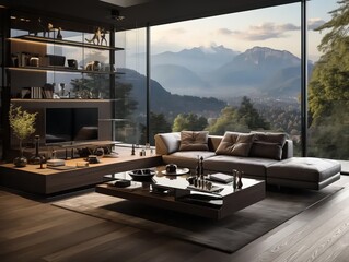 Modern minimalist style, living room with sofa and TV wall in a dark wood color scheme, floor-to-ceiling windows, a mountain view outside the window, black and gray walls combined with white ceiling 