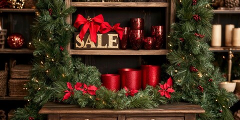 A festive display showcases a decorative shelf adorned with a wreath, red candles, and a prominent "SALE" sign, embodying seasonal cheer.