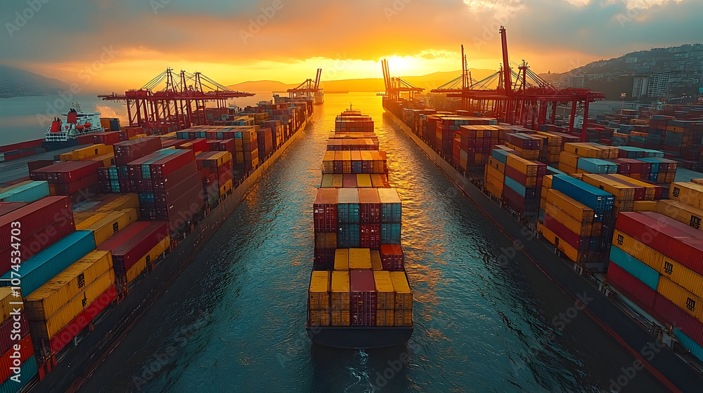 Poster aerial panoramic view of a busy cargo shipping port with colorful containers during a dramatic sunse