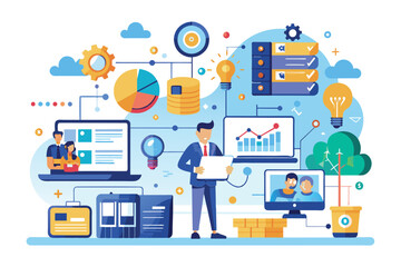 A business professional explores big data analytics, utilizing various graphical representations and tools Managing and analyzing big data using a flat illustration.