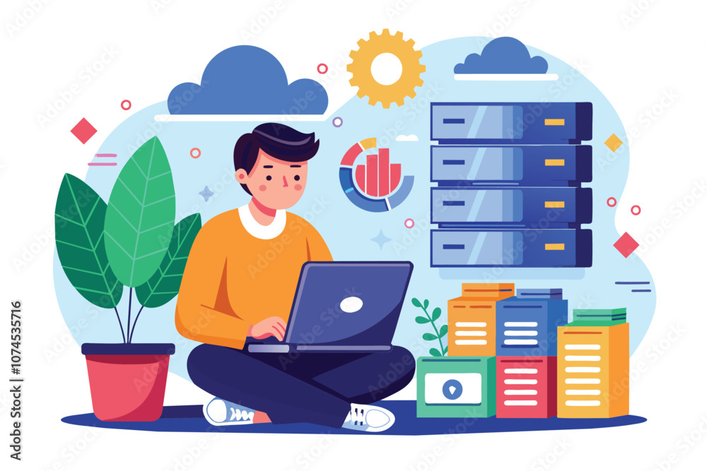 Poster a person manages laptop database storage using flat file systems in a vibrant workspace with plants 