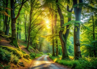 Fototapeta premium Enchanting Forest Path: A Captivating Painting of a Lush Woodland with a Serene Pathway Inviting Exploration and Adventure in a Natural Landscape Setting