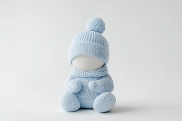 A young child dressed in a bright blue knitted outfit, perfect for everyday use or as a prop in photography projects