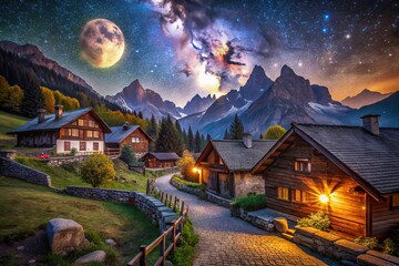 Enchanting Night Photography of Old Houses Nestled in the Mountains with Starry Skies and Soft Glowing Lights Highlighting Their Rustic Charm