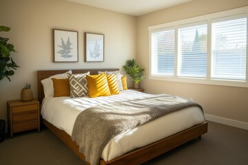 Modern Bedroom with Yellow and Grey Accents, Minimalist Design with Abundant Natural Light and Cozy Texture