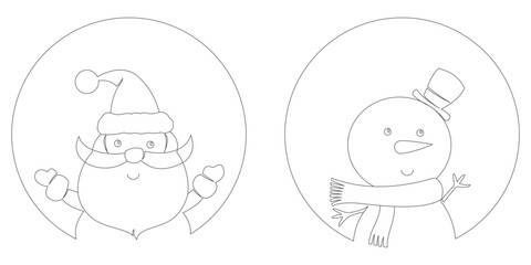 Santa claus and snowman line vector design with round frame