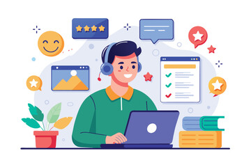 Fototapeta premium Managing online services and receiving positive feedback while working, Managing online services and receiving positive feedback from clients, with flat illustrations for customer support.