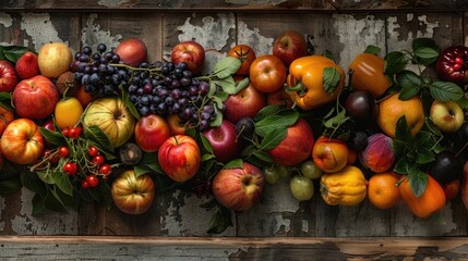 A wooden crate filled with various fruits for consumption or decoration