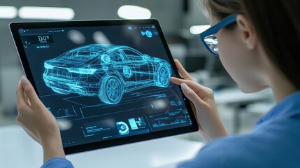 Female automotive engineer using a digital tablet with augmented reality to analyze and improve a car design 3D graphics visualization displays a fully developed vehicle prototype for