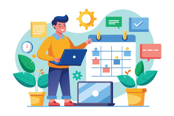 A young professional manages daily schedules using a laptop and calendar with vibrant illustrations Managing schedules with flat illustrations.