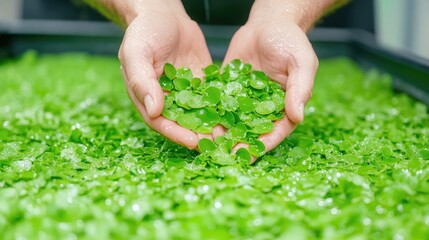 Close-Up of Hands Harvesting Cultivated Duckweed from Hydroponic Basin
