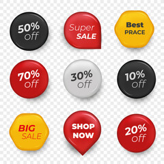 Discount tag 10,20,30,40,50,70 percent. 3D round offer sticker icon. Promotional discount symbol. Save money 70%. Set of discount labels for trade marketing and advertising. Vector illustration.