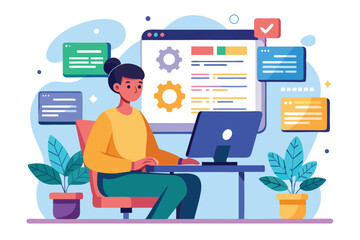 Fototapeta premium A person works on website programming surrounded by colorful design elements in a comfortable office setting Managing website programming with flat illustrations.