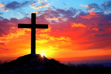Cross sits atop a hill as the sun sets in the background