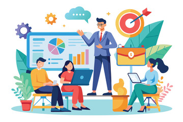 A facilitator conducts an engaging marketing training session with participants using laptops and notes Marketing training concept, illustrated in a flat style.