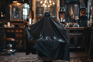 Empty chair covered with black cape in vintage barbershop