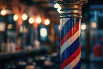 Barbershop pole with swirling stripes, cozy interior background