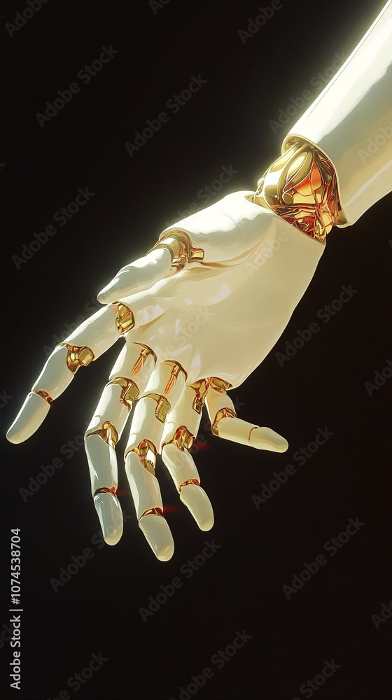 Aufkleber An AI robot arm reaching toward a human hand against a dark background symbolizing human-robot interaction and the future of artificial intelligence with side empty space for text Stockphoto style