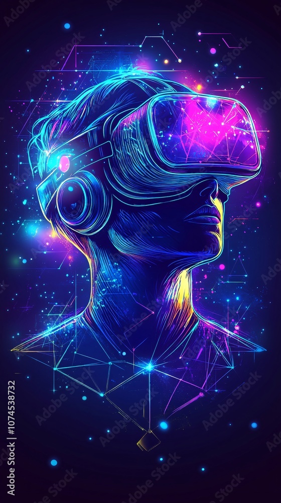 Poster a person wearing vr goggles experiencing virtual reality with bright holographic elements around cap