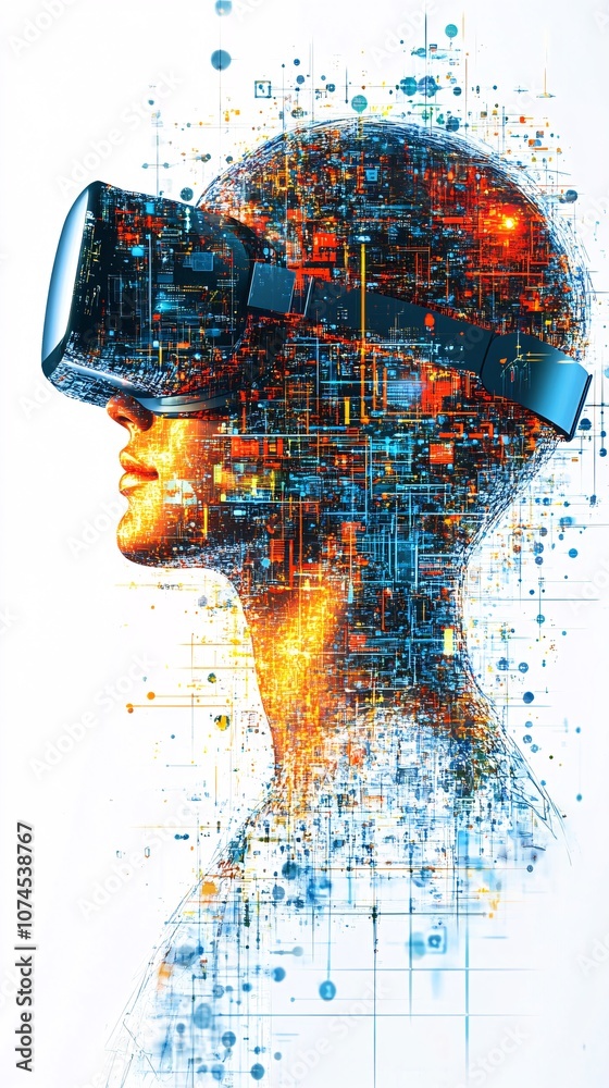 Fototapete A person wearing VR goggles experiencing virtual reality with bright holographic elements around capturing immersive technology trends with side empty space for text Stockphoto style