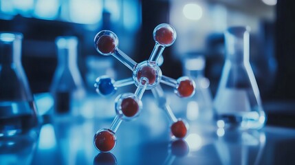 Illustration of a chemical laboratory research concept with glass molecular models