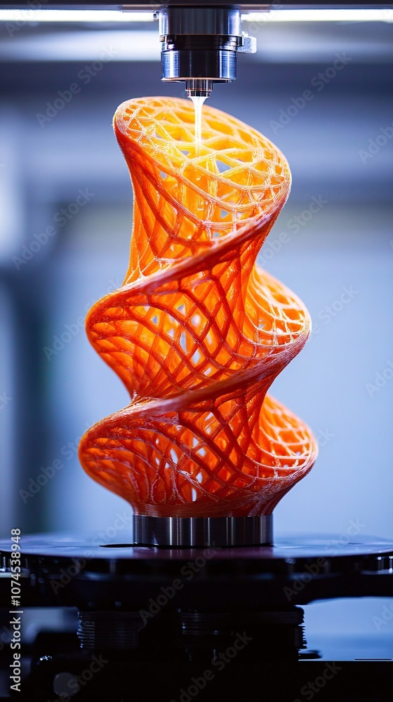 Fototapete A close-up of a 3D printer in action creating a detailed object layer by layer symbolizing modern manufacturing technology with side empty space for text Stockphoto style