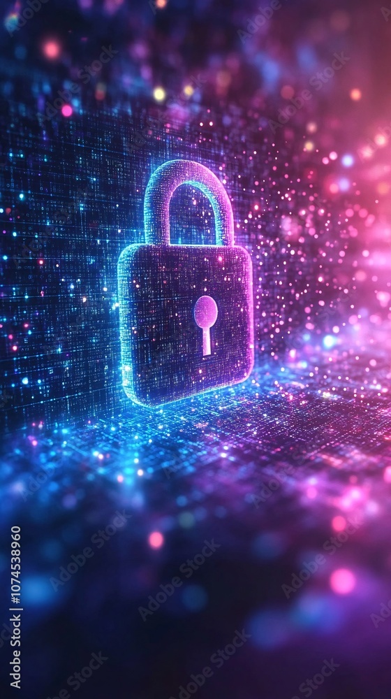 Aufkleber A cybersecurity concept with a padlock icon over a digital code background representing data protection and privacy in technology with side empty space for text Stockphoto style