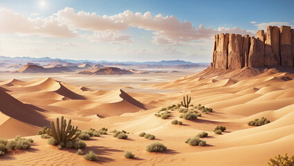 Desert landscape with sand dunes, mountains, and a partly cloudy sky