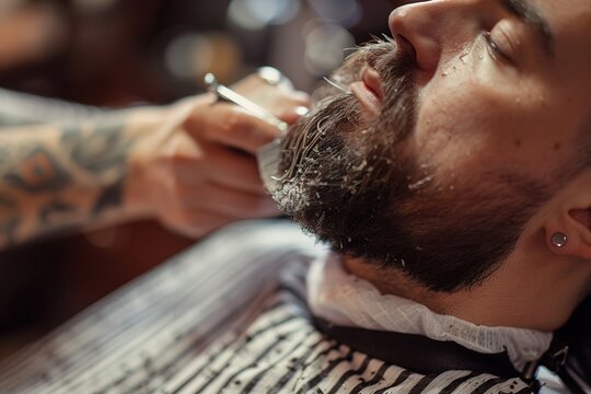 Close-up of beard trimming in barbershop, tattoos visible