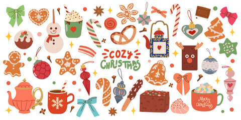 Vector set of holiday icons sweater, Christmas ornaments, gingerbread cookies, candles, gift, snowman. Kids illustration for Christmas time. Scrapbook collection. Winter greeting card. Happy New Year.