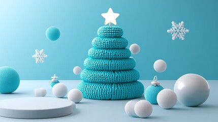 A Playful Blue Knitted Christmas Tree Surrounded by Decorative Ornaments and Snowflakes on a Soft Blue Background for Festive Celebrations