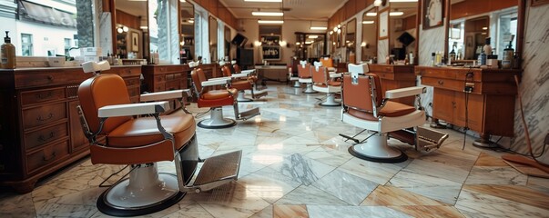 Retro-style barbershop interior with empty barber chairs