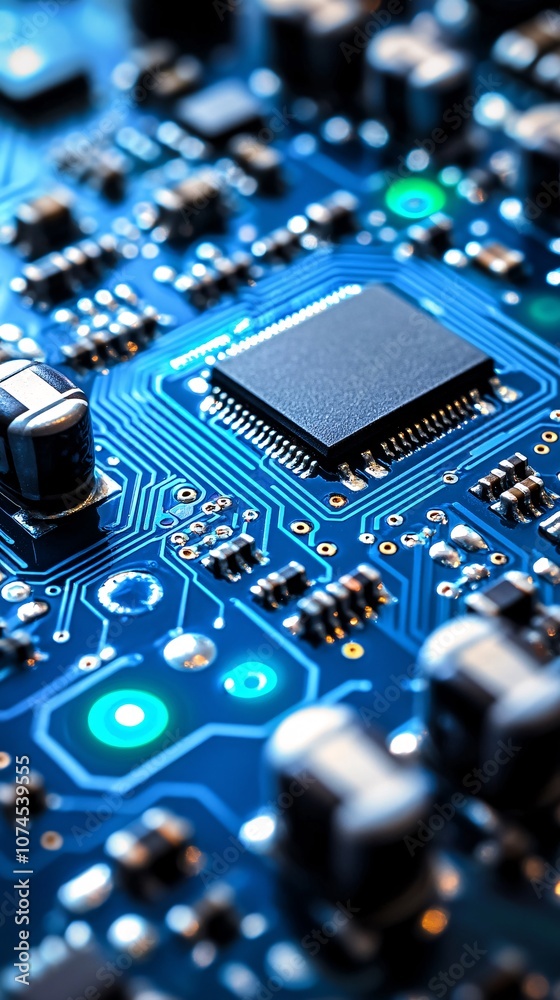 Poster A futuristic digital circuit board with blue and green lights representing the infrastructure of modern computing systems with side empty space for text Stockphoto style