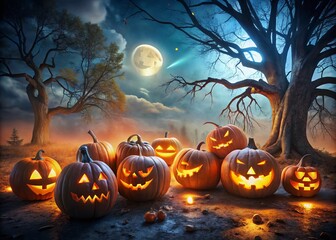 Spooky Halloween Pumpkins Lying on the Ground Surrounded by Eerie Shadows and Gloomy Background for a Perfectly Sinister Halloween Atmosphere