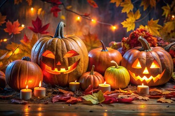 Spooky Halloween Scene with Creepy Carved Pumpkins and Vibrant Autumn Decorations