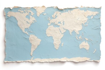 A textured world map illustration with a blue background and torn paper edges.