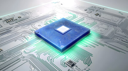 Futuristic blue microchip on circuit board