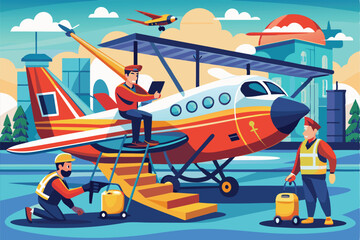 Technicians conduct maintenance on an airplane while one checks data on a tablet before departure Mechanics fixing airplane before takeoff, flat drawing