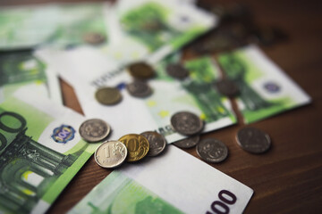 A Europe banknote value of 100 euro. The concept of finance, investment, savings and cash. Money background. Currency exhange. Economic crisis. Rouble euro cash.