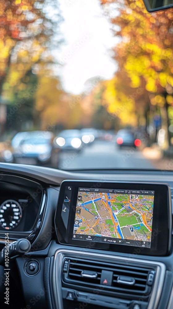 Fototapete A digital map interface on a car dashboard showing traffic updates and directions capturing the role of AI in navigation with side empty space for text Stockphoto style