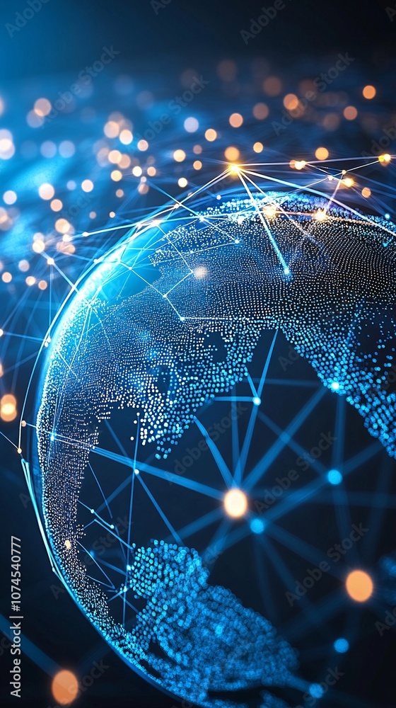 Aufkleber A futuristic hologram displaying a virtual globe with network connections symbolizing global digital transformation with side empty space for text Stockphoto style