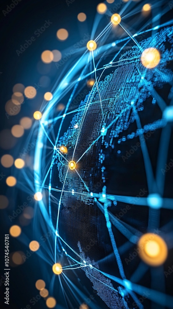 Leinwandbilder A futuristic hologram displaying a virtual globe with network connections symbolizing global digital transformation with side empty space for text Stockphoto style