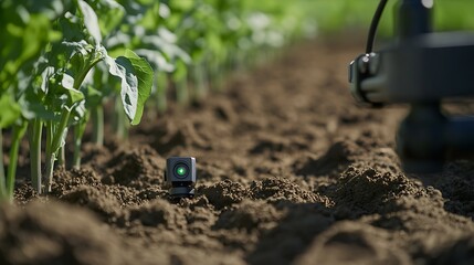 A close-up of a drone's camera capturing detailed images of crops and soil for precision agriculture.
