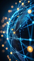 A futuristic hologram displaying a virtual globe with network connections symbolizing global digital transformation with side empty space for text Stockphoto style