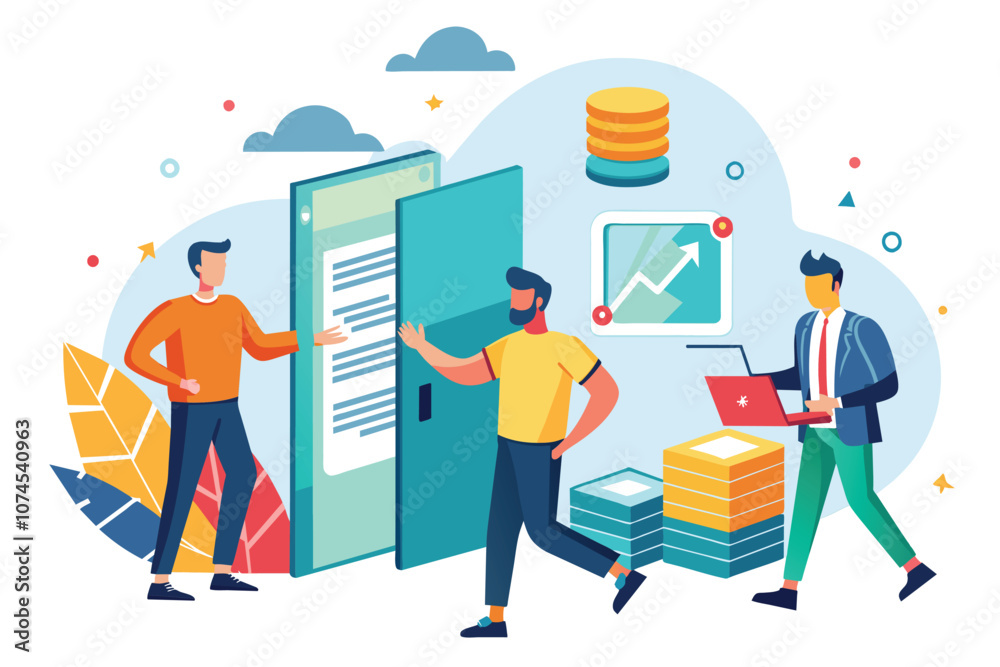 Poster three men are collaborating on data entry and analysis in a bright office setting men are entering p
