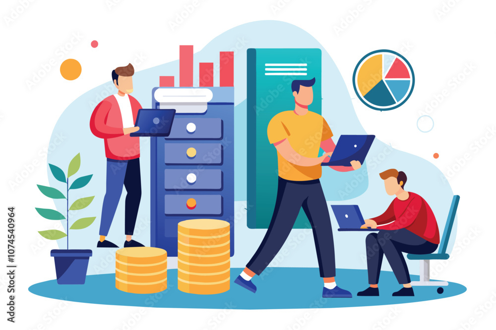 Poster a group of men collaborates on data tasks using laptops in a colorful office setting men are enterin