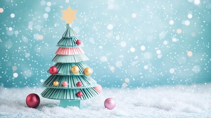 Charming Paper Christmas Tree with Colorful Ornaments and Glittering Snowflakes Against a Soft Blue Background for Holiday Decor
