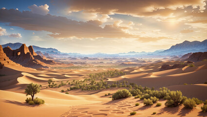 Fototapeta premium Desert landscape with sand dunes, mountains, and a partly cloudy sky