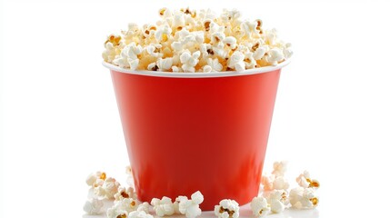 Red popcorn bucket filled to the brim isolated on a white background