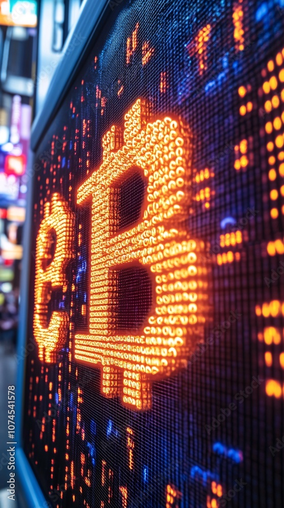 Fototapete A digital screen with blockchain code displayed in bright neon colors against a dark background representing cryptocurrency and decentralized finance with side empty space for text Stockphoto style